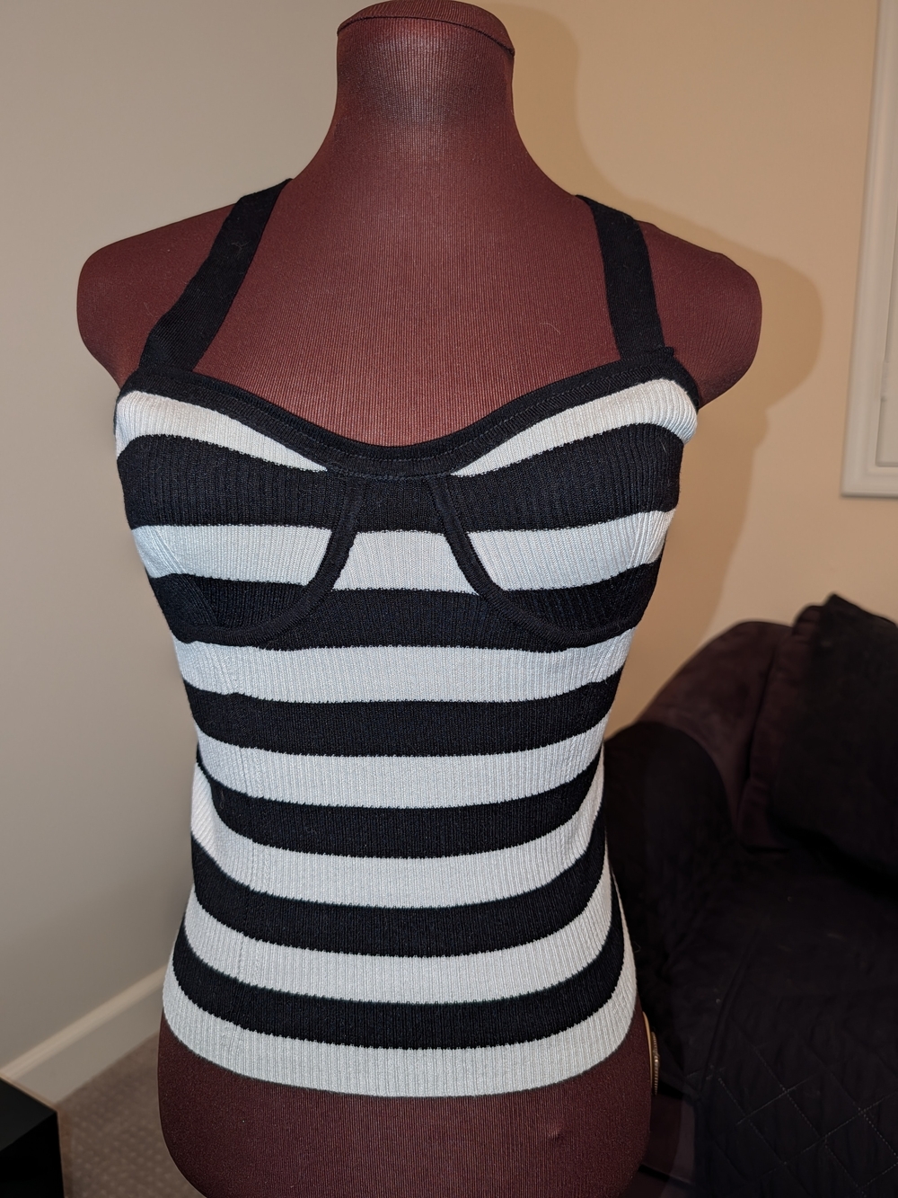 Black and White Stripe Ribbed Tank Top - Mauve